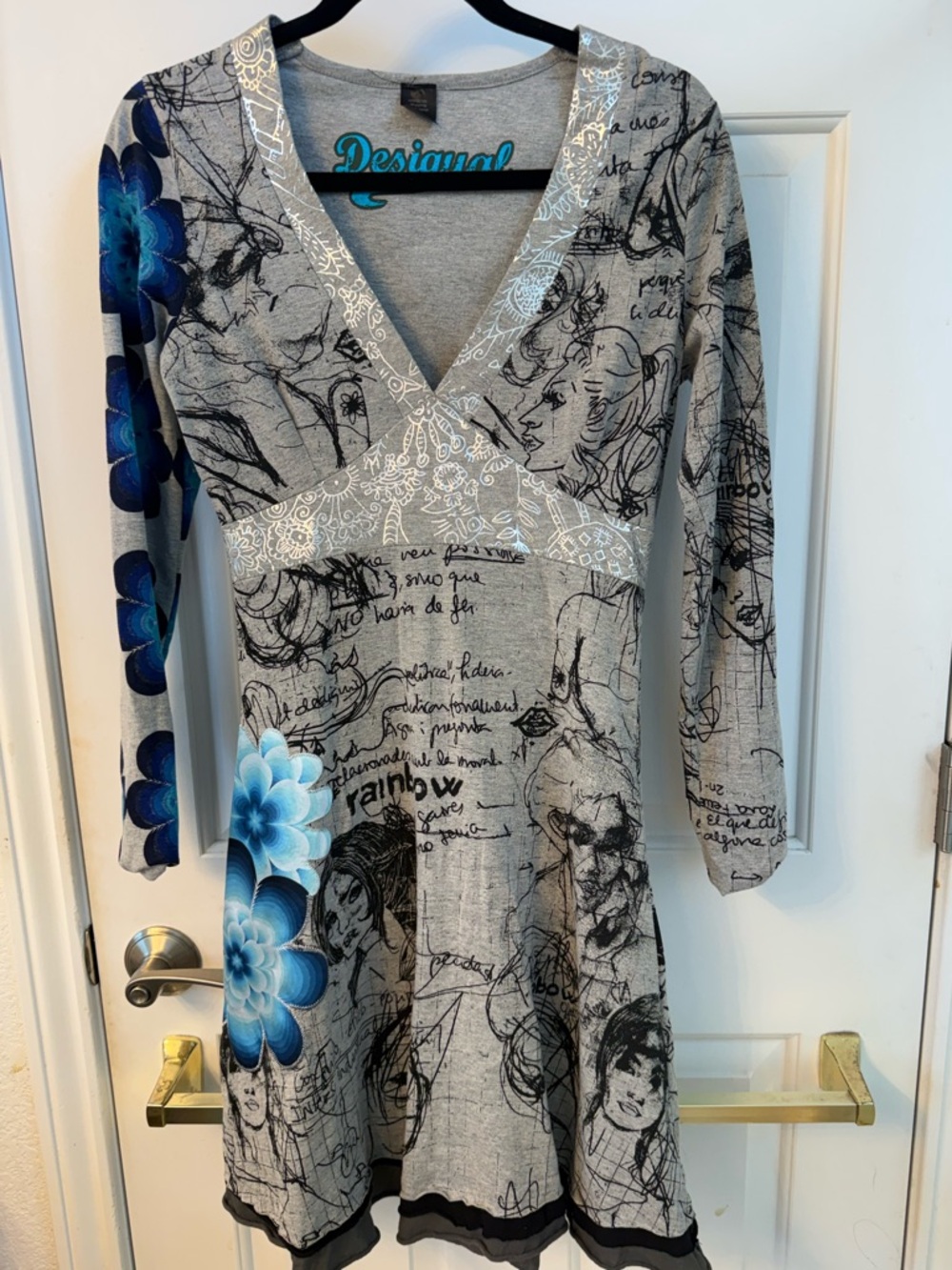 Desigual Gray V-Neck Sketch Print Dress with Blue Floral Accents